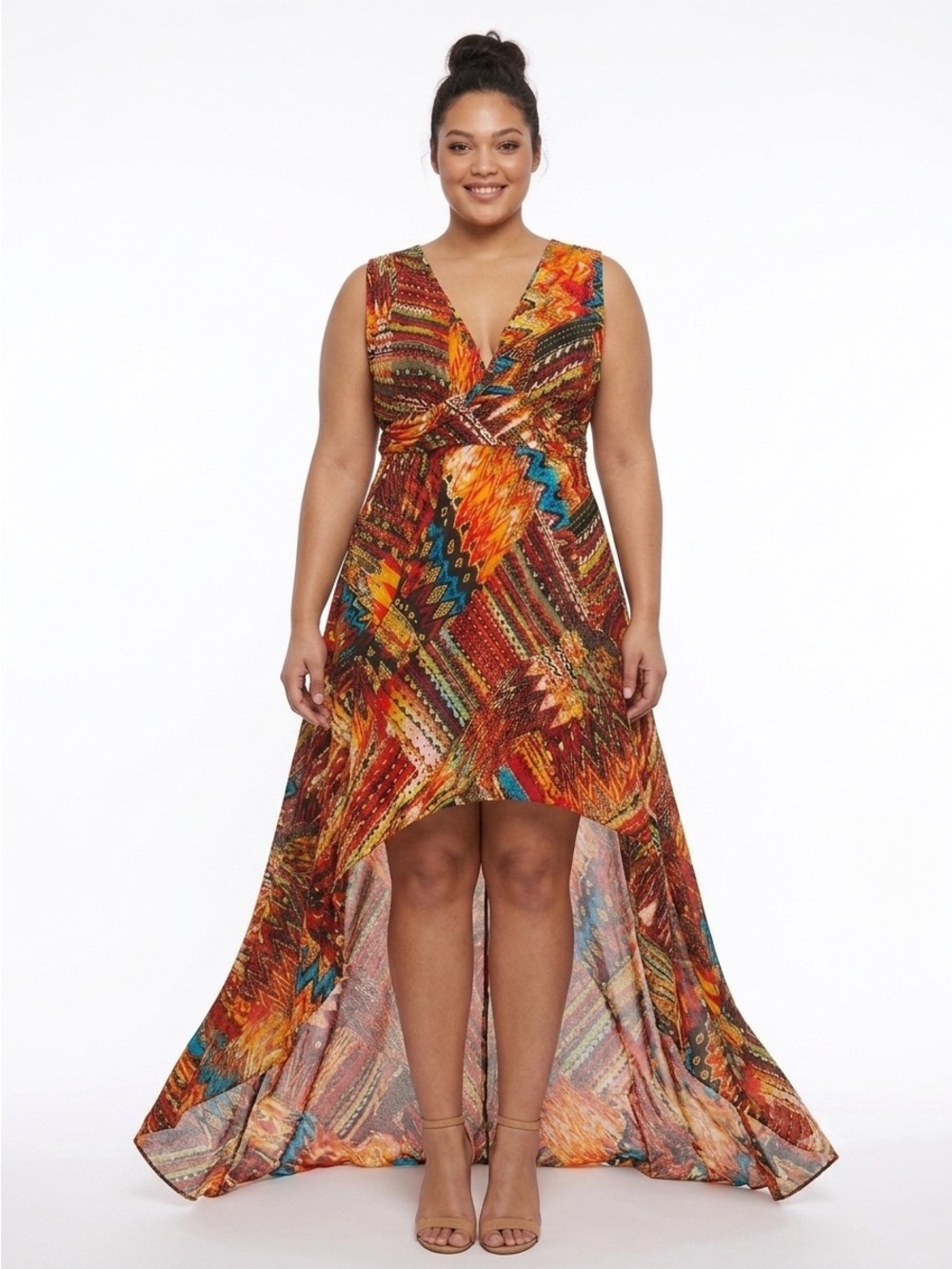 Vintage Geo Abstract High-Low Maxi Dress Deep V-Neck Open Back Plus Size 2x